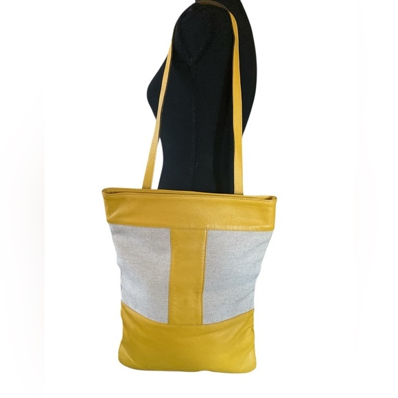 MODUS RIO Yellow Leather & Refined Linen Shoulder Bag /Oversized Clutch Neutral - Picture 9 of 16
